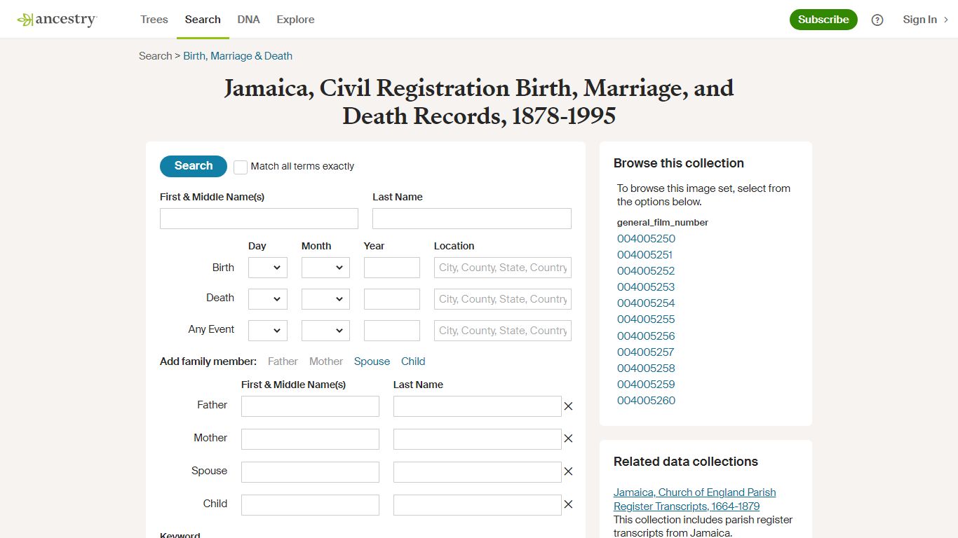 Jamaica, Civil Registration Birth, Marriage, and Death Records, 1878-1995